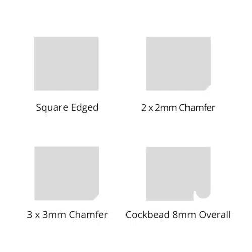 Frame profile options: Square Edged, 2x2mm Chamfer, 3x3mm Chamfer, Cockbead 8mm Overall